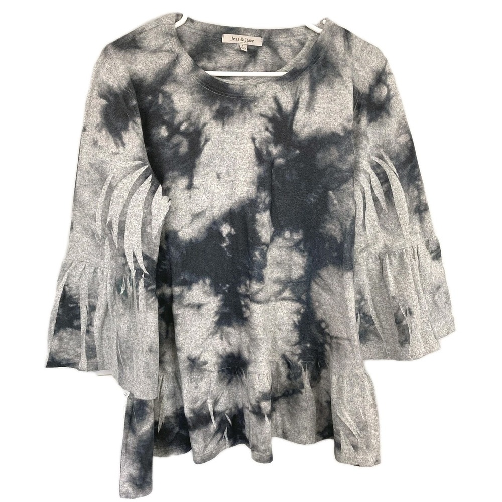 Jess & Jane Tunic Top Women L Gray Tie Dye 3/4 Bell Sleeve Ruffle Hem USA NWT
